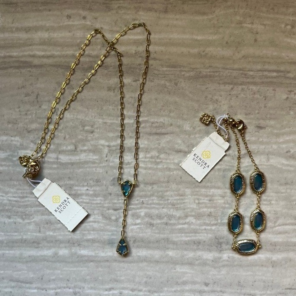 Kendra Scott Gold Tone Teal Blue Stone Lariat Necklace and Slider Bracelet Set